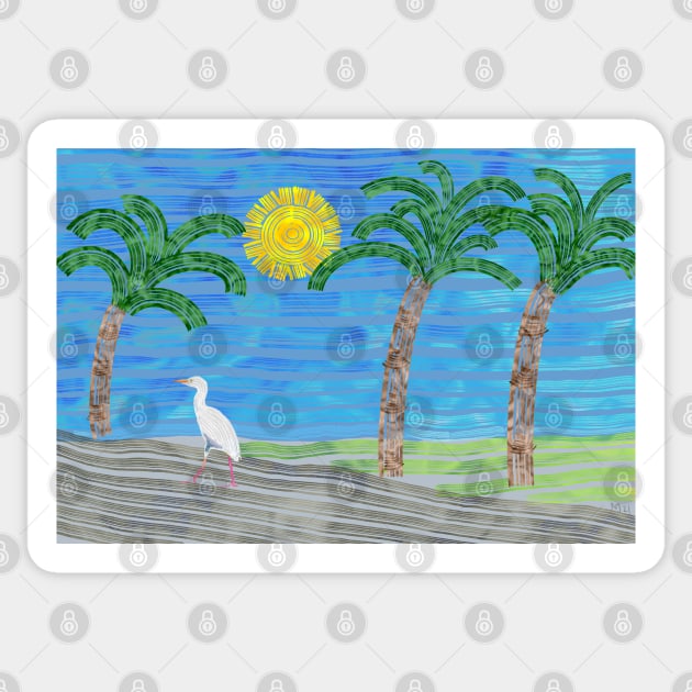 Cattle Egret walking, a palm tree and the sun shining Sticker by NadJac